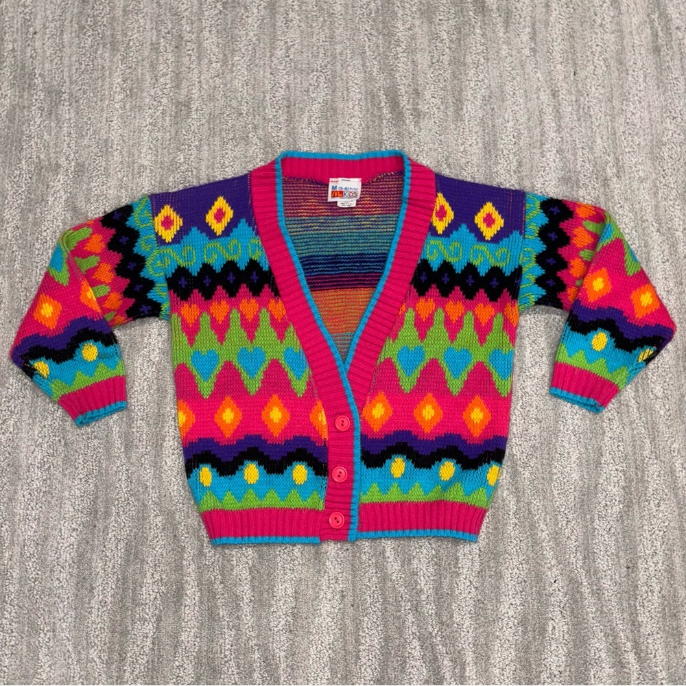 VTG 1980’s McKids Cardigan Colorful Button Down V-Neck Acrylic Girls Sz 5-6